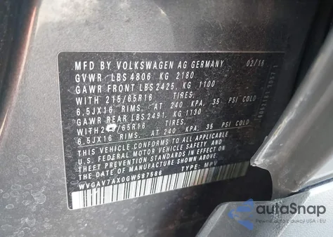 2016 Volkswagen Tiguan S z USA, uszkodzony, nr VIN WVGAV7AX0GW587586